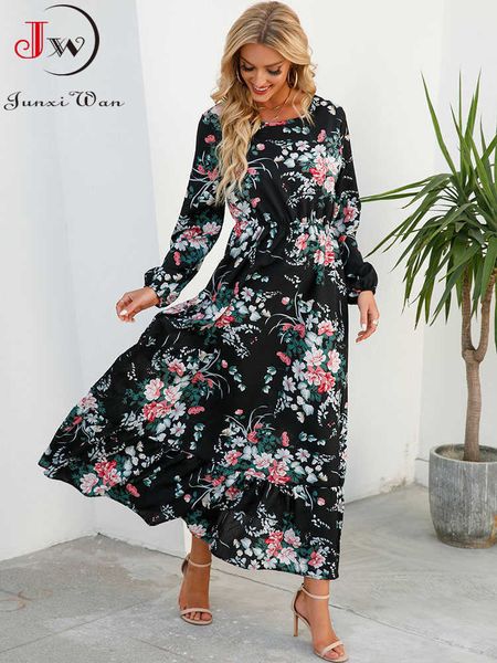 

casual dresses floral print long dress women lantern long sleeve high waist elegant party dress ladies casual spring summer beach maxi dress, Black;gray