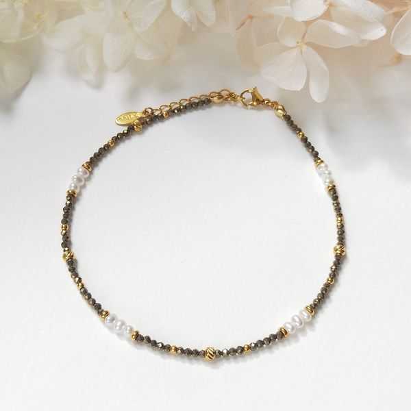 

anklets lii ji tiny natural pyrite 2mm faceted beaded with freshwater pearl anklet handmade bohe fashion jewelry for female 230216, Red;blue