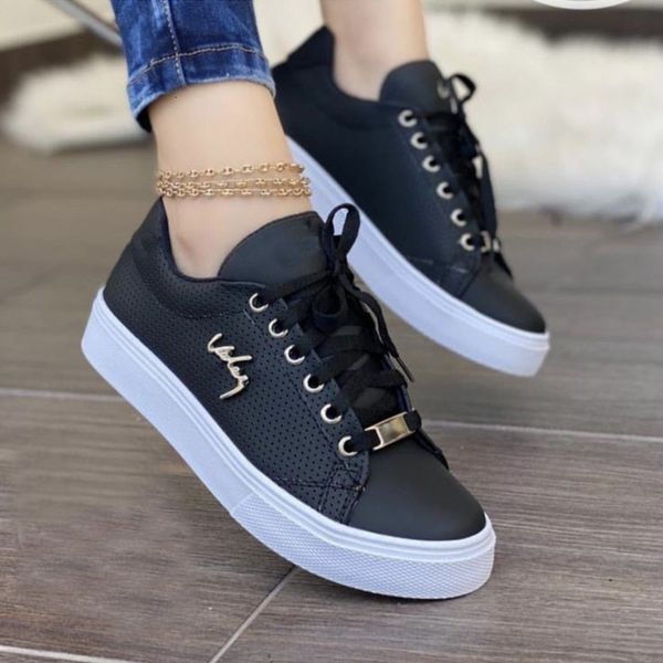 

dress shoes for girls autumn women sneakers flat breathable pu leather platform white soft footwears 230217, Black
