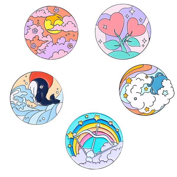 

funny round alloy brooches set 5pcs cartoon animal beach spray star moon enamel paint badges for girls denim shirt fashion jewelry gift bag, Gray