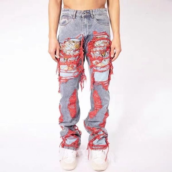 

men's jeans high street hip hop destroy brushed embroidered baggy jeans casual straight leg denim pants man women 230217, Blue