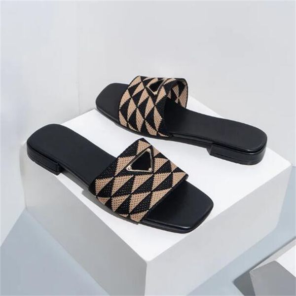 

designers embroidered fabric slides slippers womens metal triangle flat fashion luxury casual slipper fahion plaid outdoor scuffs shoes, Black