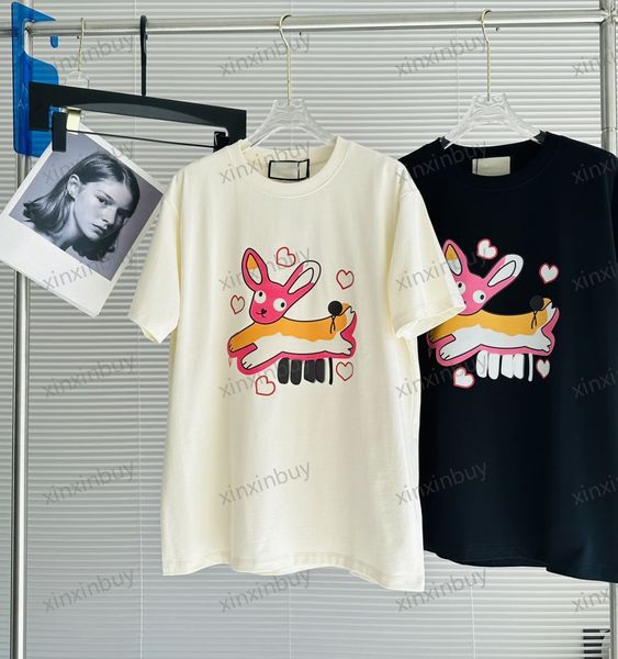 

xinxinbuy men designer tee t shirt 23ss paris jump rabbit pattern short sleeve cotton women white black beige s-xl, Black;brown