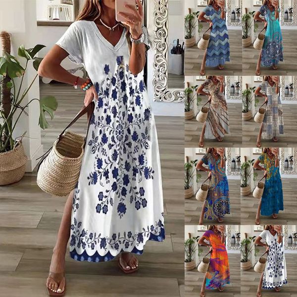 

casual dresses plus size midi women summer 4xl 5xl a line boho beach sundress short sleeve loose bohemian long 230217, Black;gray