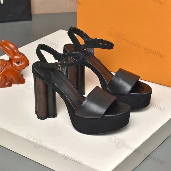 

with box style 20ss dress shoes women leather sandals star trail designer lady ankle strap studs buckle letter printed chunky 274n, Black