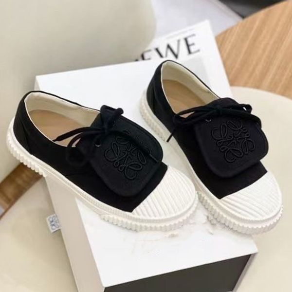 

fashion women canvas shoes luxury ribbed toe with anagram embroidered on flap shoes sale lace quality brand women designer shoe 03, Black