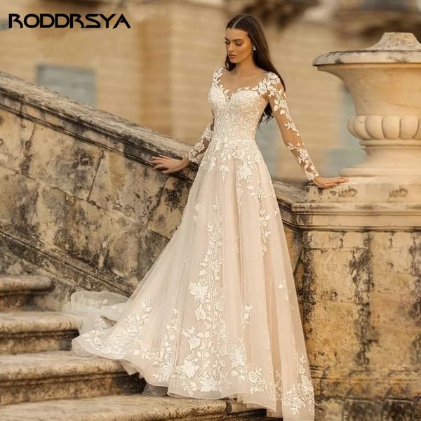 

party dresses roddrsya elegant o-neck wedding dresses lace a-line boho long sleeves wedding bride gowns 230217, White;black