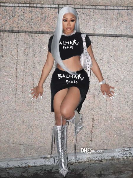 

fashion women dress suit summer new letter print round neck exposed navel short sleeve skirt two-piece set, White