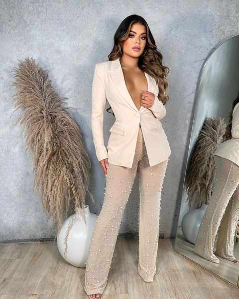 

womens two piece pants pearls blazer 2 sets women suit single button long sleeve coat sheer mesh flare with panties clubwear 230216, White
