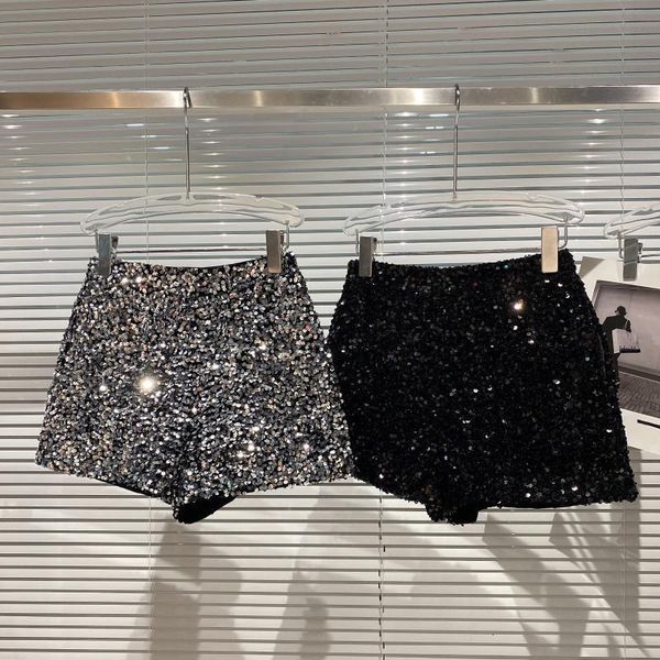 

women's shorts 2023 summer full of sequins shiny heavy zipper nightclub girl threeminute black silver commuting pants for women 230217, White;black