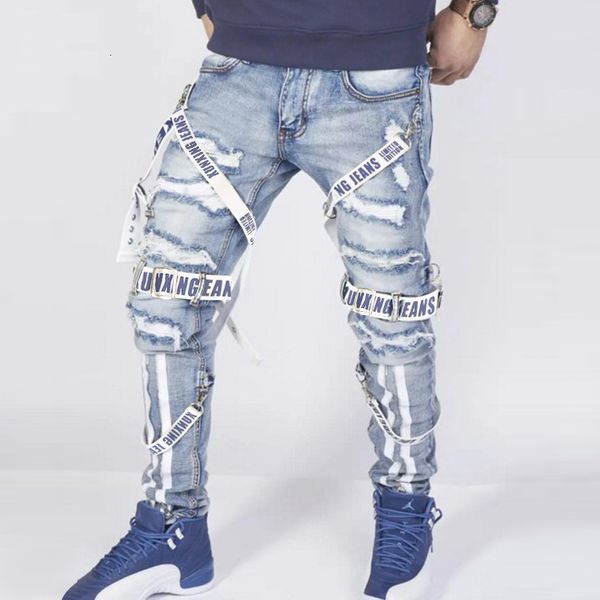 

men's jeans jeans summer loose trousers trendy street men's collocation design autumn straight pants ripped motorcycle boy 230216, Blue