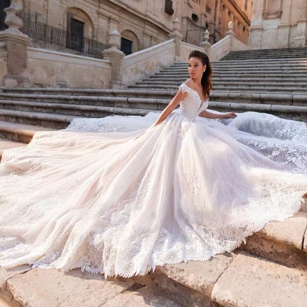 

modest long lace ball gown wedding dresses sheer jewel neck lace bridal gowns appliqued sequins plus size robe de mariee custom made turkish, White