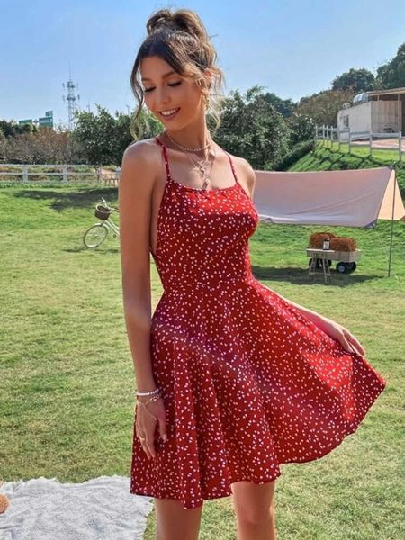 

casual dresses liti print summer dress confetti heart print crisscross tie backless cami dress print boho beach dress sundress robe l230217, Black;gray
