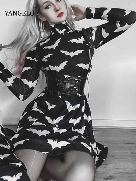 

casual dresses yangelo gothic black bat printed dress tutleneck for women long sleeve spring fall punk vestidos 2022 party outfits soft clot, Black;gray