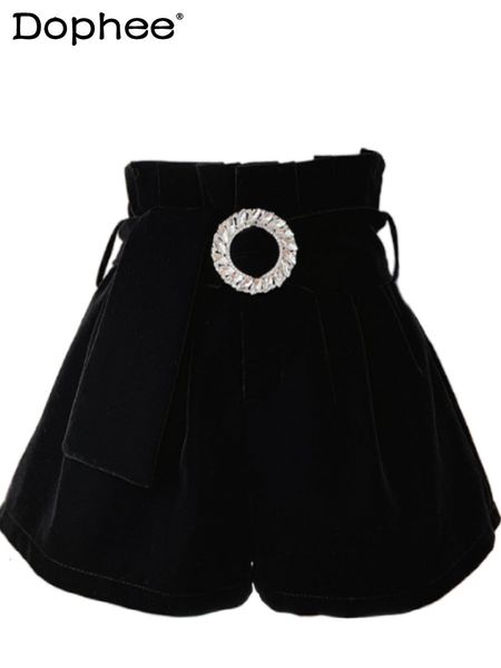 

women's shorts elegant belt black vintage velvet for autumn winter high waist slimming wide leg casual short pants 230217, White;black