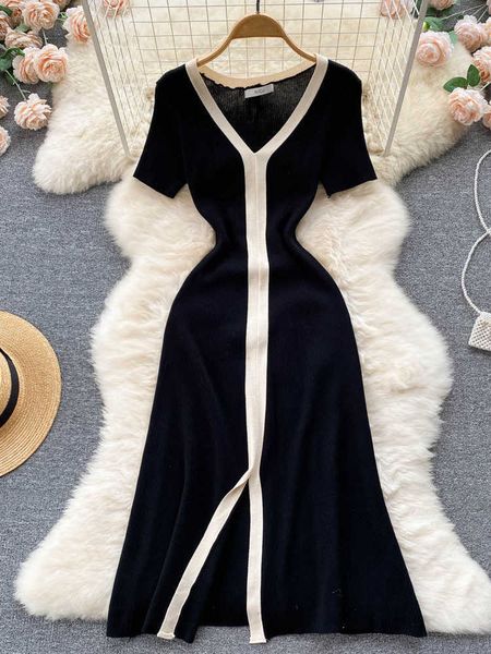 

casual dresses xfpv 2023 new spring summer fashion solid color vneck temperament slim waist short sleeved dresses for women sm2410 z0216, Black;gray