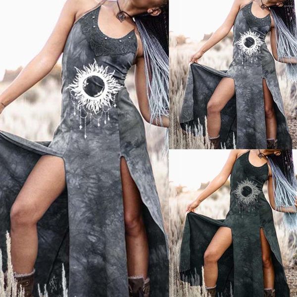 

casual women's summer retro dyeing lace print split long slip, Black;gray