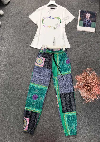 

sweat suits two piece pants floral embroidery crew neck short sleeves t-shirt color matching design soft fabric high waist trousers designer, White