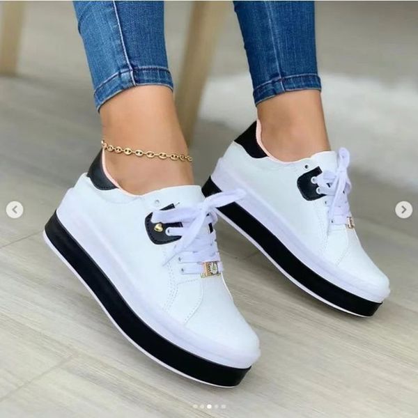 

dress shoes casual sneakers women's fashion plus size 43 ladies vulcanized lace up thick sole 230217, Black
