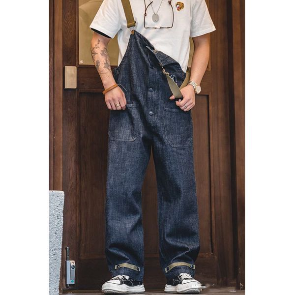 

men's jeans retro cargo overalls navy deck denim bib washed straight japanese pocket jumpsuit trendy street wear 230217, Blue