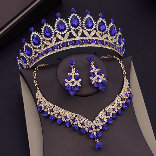 

wedding jewelry sets baroque blue crystal bridal for women tiaras crown earrings necklace bride dress dubai set 230216, Slivery;golden