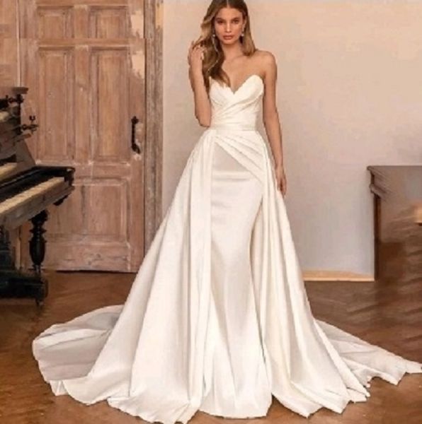

elegant detachable satin wedding dress strapless bride vestidos de novia robe de mariee factory custom made gown, White