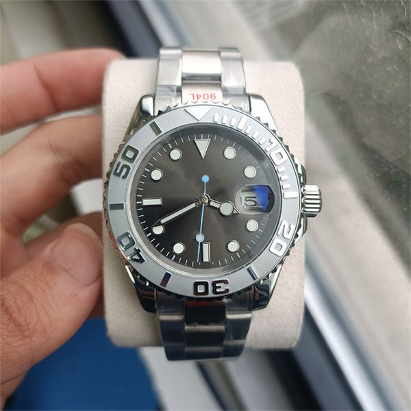 

men's watch yacht round rhodium white dial 40mm scratch resistant blue crystal magnifying calendar stainless steel 904l automatic mecha, Slivery;brown