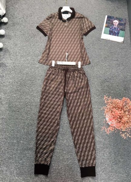 

polo collar two piece pants letters jacquard short sleeve pullover t-shirt elastic waist pocket design casual pants womans two pieces pant c, White