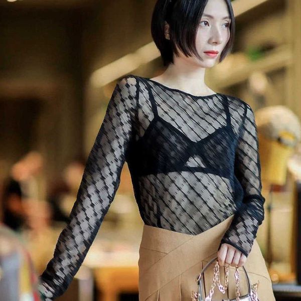 

23ss women's brand letter-printed hollow out long-sleeved lace bottom shirtmesh half-high collar embroidery long-sleeved t-shirt a1, White