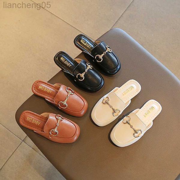 

slipper girl' slippers stylish metal chain pu leather slip-on summer kids sliders cover toe 26-36 four colors luxury girl' sanda, Black;grey
