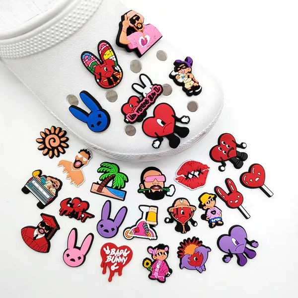 

cute 30 50 100pcs jibz diy cartoon bad bunny croc shoe charms pvc accessories fit clogs sandals decorate buckle kid girls fans gifts, White;pink