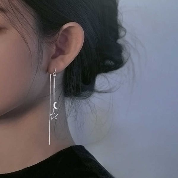 

suitable for round face and long and thin ear chain earrings female korean tassel hollow out star and moon ear line fashion, Golden