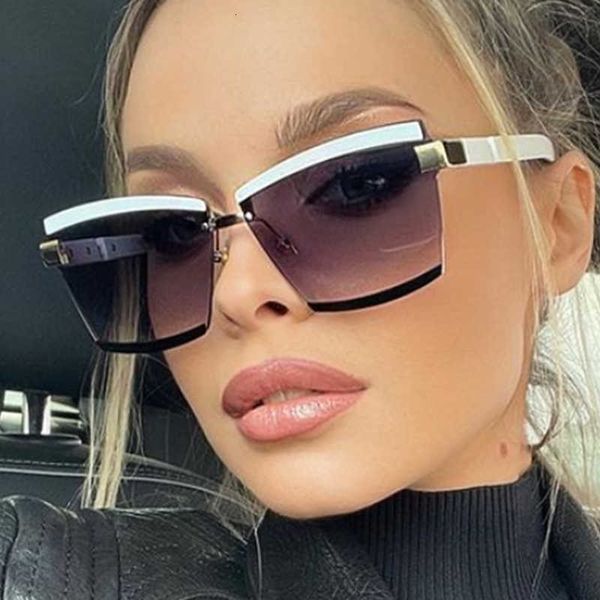 

rimless rectangle sunglasses women retro brand oversized black gradient sun glasses female frameless square oculos, White;black