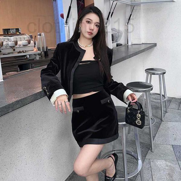 

two piece dress designer 2023 spring new black velvet suit slim fashion jacket with skirt two-piece 112w, White