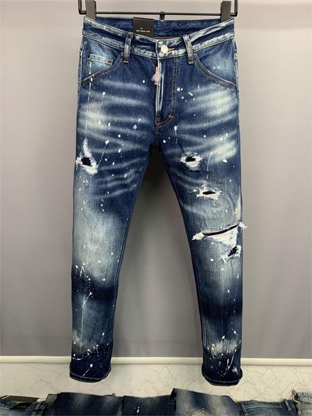 

men's jeans fashion brand wash worn out torn paint motorcycle 9868 230217, Blue