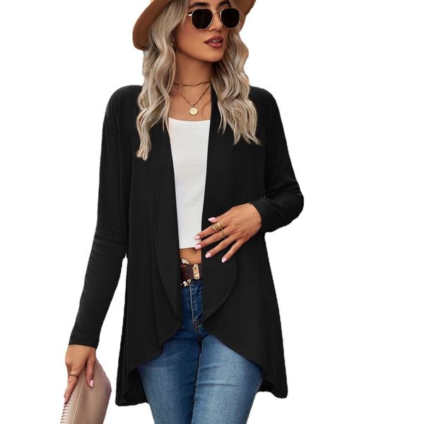 

women casual jackets coats lightweight open front cardigan soft draped ruffles long sleeve loose knitted coat, Black;brown