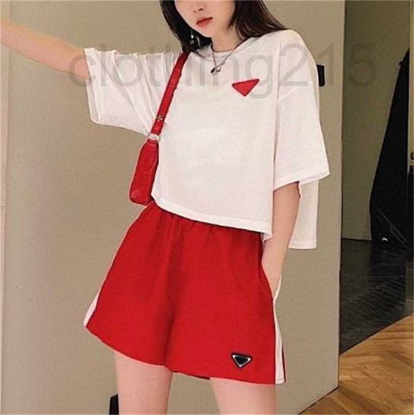 

women's tracksuits designer two piece pants inverted triangle badge white short t-shirt with contrasting colors nylon shorts set tracks, Gray