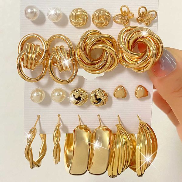 

earrings 6-piece set female exaggerated geometric pearl diamond earrings set, Golden