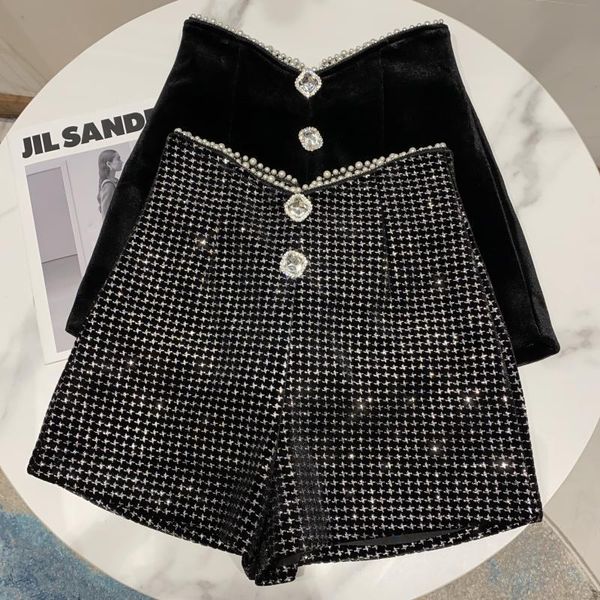

women's shorts autumn winter women fashion pearl irregular edge diamond button decoration high waist casual velvet 230217, White;black