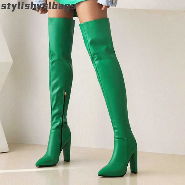 

boots winter women over the knee boots pointed toe square high heel ladies thigh boots pu leather zipper boots 021723h, Black