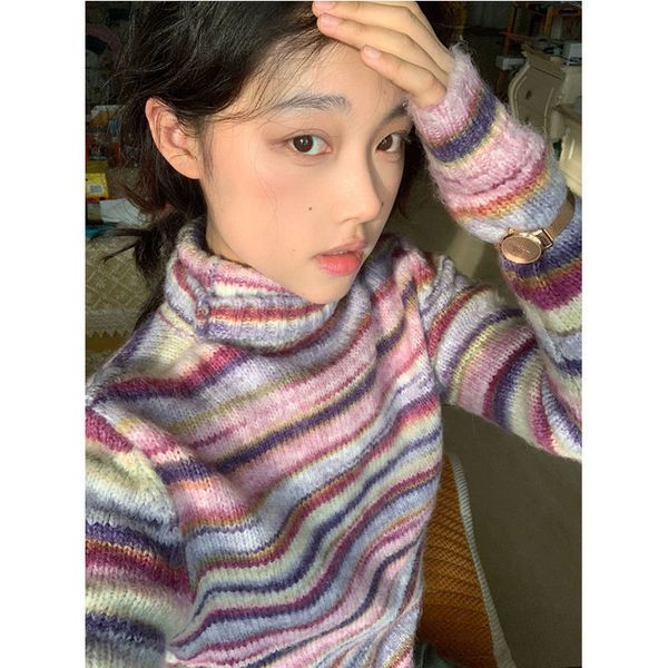 

women s sweaters korobov french high collar sweater rainbow stripe pullovers age reduction vintage o neck knitwears korean fashion sueter mu, White;black