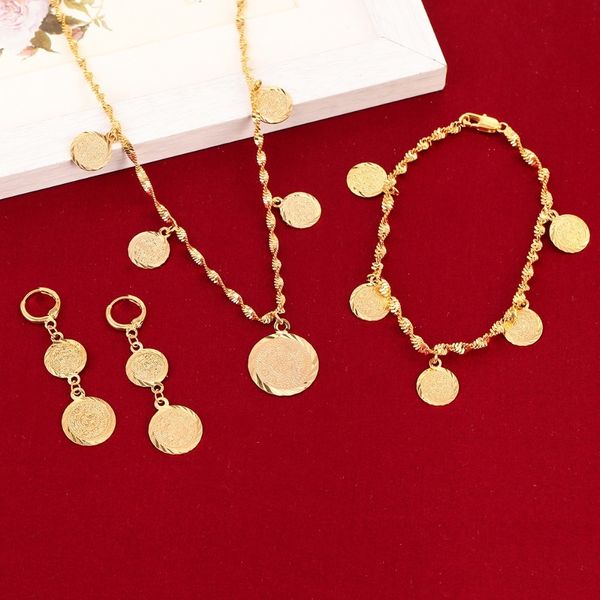 

wedding jewelry sets bracelet necklace earrings set germany spain france coin money sign women 24k gold color filled arab africa europe 2302, Slivery;golden