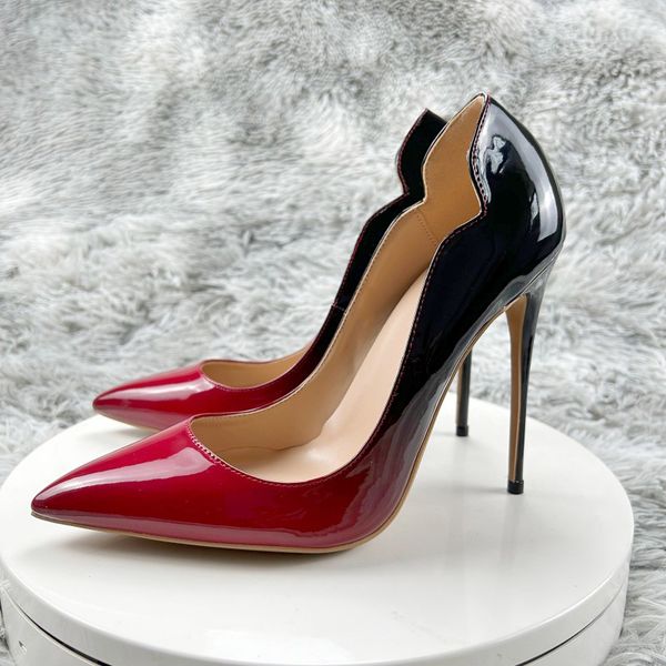 

christian louboutin red bottoms shoes gradient glossy black red women side curl cut pointy toe high heel shoes elegant slip on stiletto pump