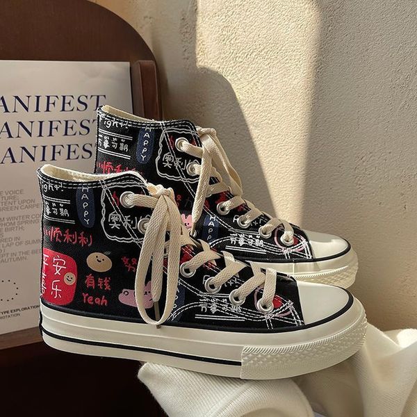 

dress shoes harajuku graffiti print canvas sneakers street fashion zapatillas mujer casual students all-match high gang woman flats 230217, Black