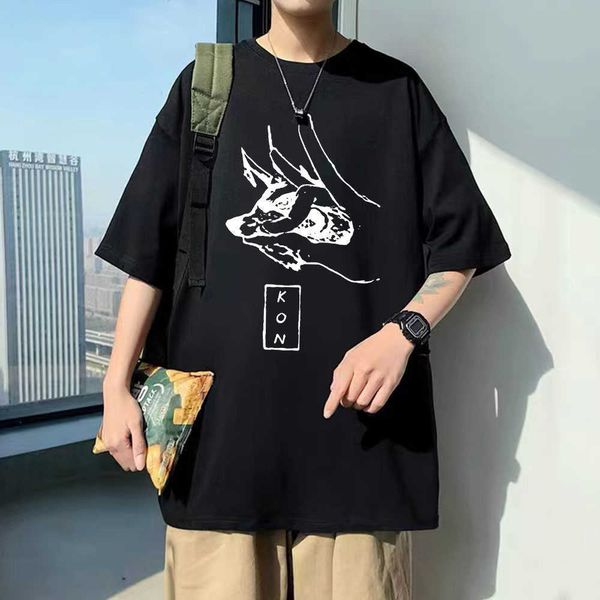 

men's t-shirts anime chains man hayaka aki fox devil kon print t shirt men harajuku 100 cotton tshirts men women manga tshirt male j23, White;black