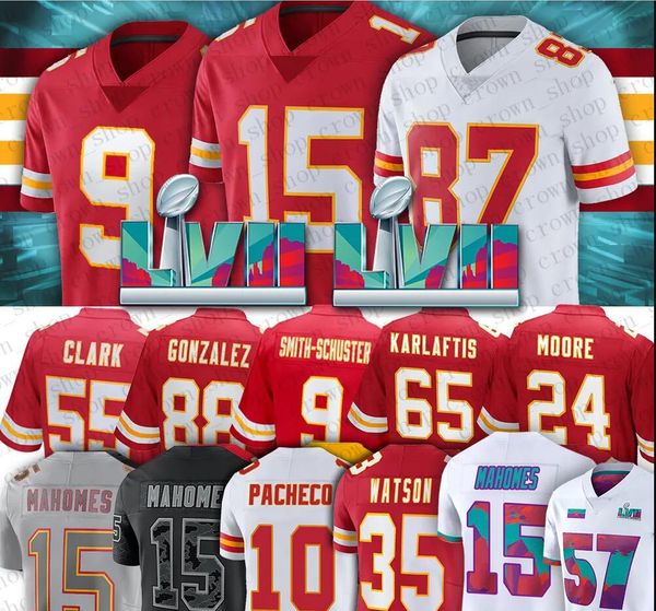 

15 patrick mahomes football jerseys chiefes super bowl lvii juju smith-schuster jaylen watson travis kelce chris jones nick bolton isiah pac, Black;red