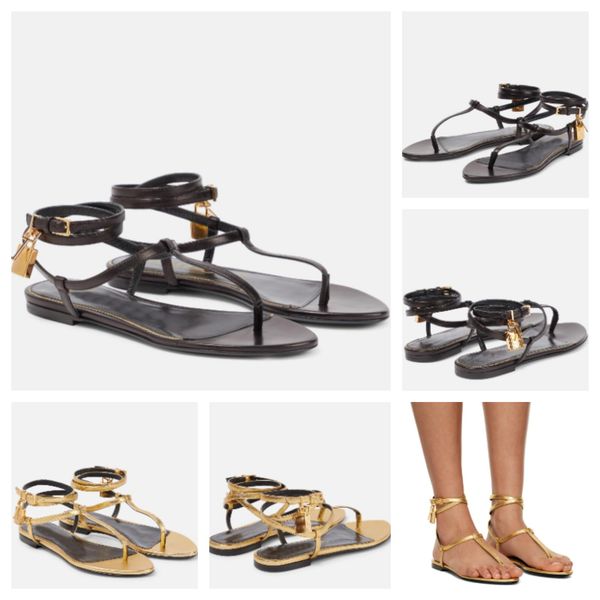 

23s summer luxury padlock women's sandal shoes thong party wedding crisscross ankle straps lady comfort flat sandalias shoe with box,eu, Black