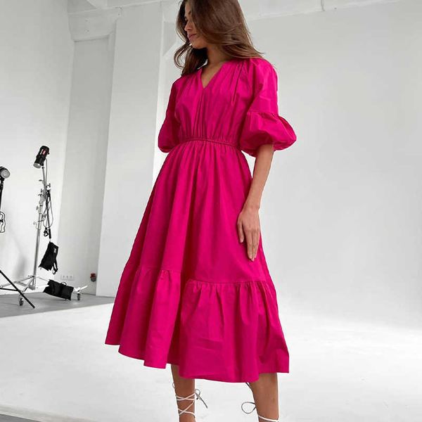 

casual dresses new womens summer mid length dress solid color puff half sleeve vneck elastic waist fashion dress club street style s  l z02, Black;gray