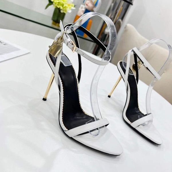 

latest fashion woman sandal queen pop heels tom-heel padlock sandals high-heeled luxury designer high heeled naked pumps gold nappa genuine, Black