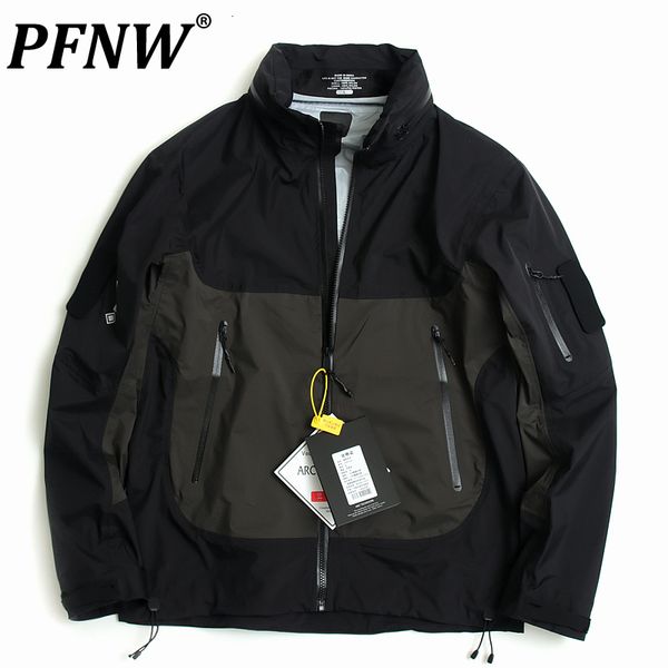 

men s jackets pfnw spring autumn contrast waterproof design casual darkweawr streetwear zippers stand collar coat 12a7479 230217, Black;brown
